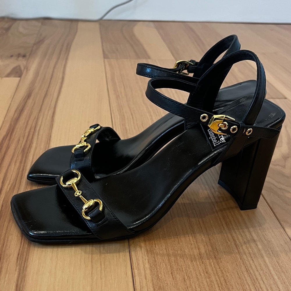 Jeffrey Campbell Black Leather Ankle-Strap Heels with Gold Hardware - Picture 2 of 6